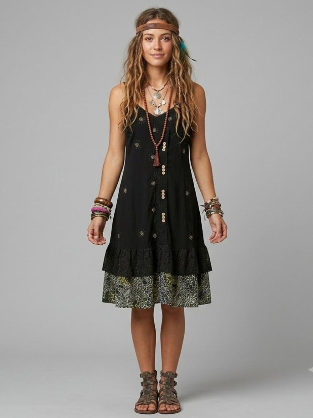 Raya Sun XL Black Boho Embroidered Dress Leopard Whimsy Artsey